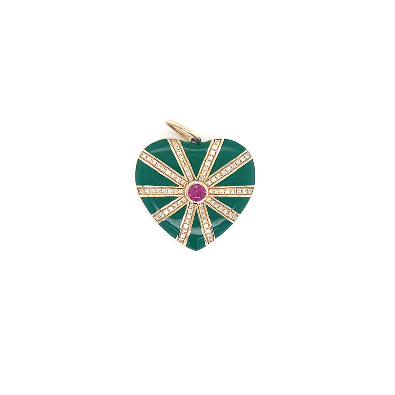 14K Yellow Gold Diamond + Ruby and Green Enamel Heart Pendant-Charms & Pendants-aaron jewelry-