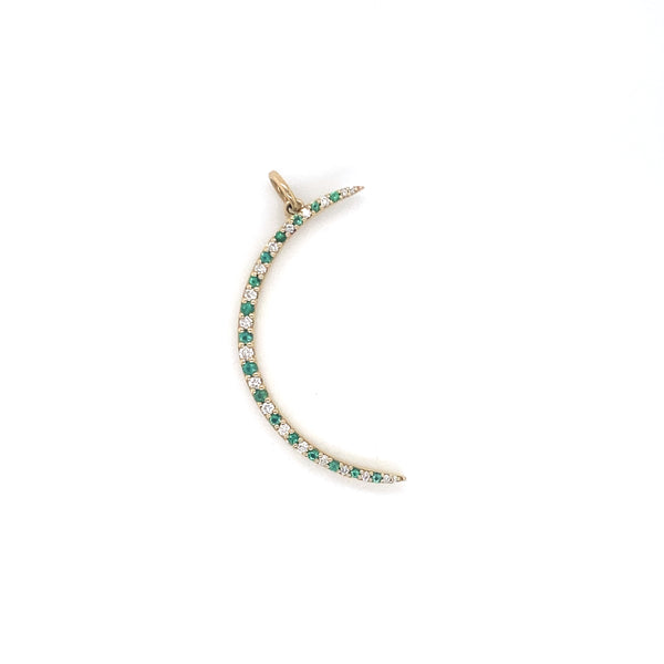 14K Yellow Gold Diamond + Emerald Moon Pendant