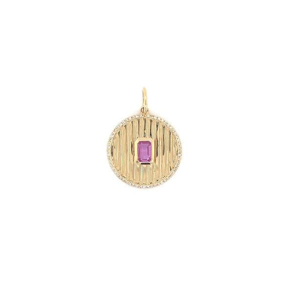 14K Yellow Gold Diamond + Pink Sapphire Fluted Disc Charm