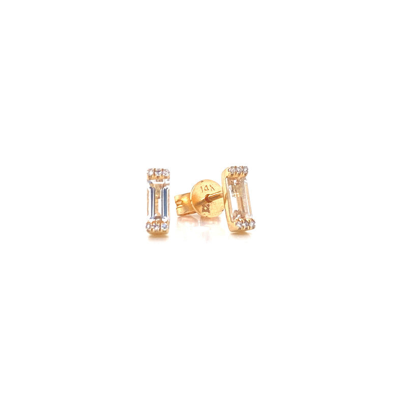 14K Yellow Gold Diamond + White Topaz Baguette Earrings