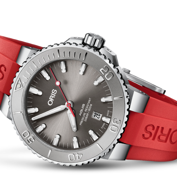 Oris Aquis Date Relief 43.5Mm Grey Dial Caoutchouc Red Strap Maurice s Jewelers