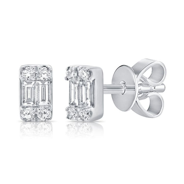 14K White Gold Diamond + Baguette Stud Earrings