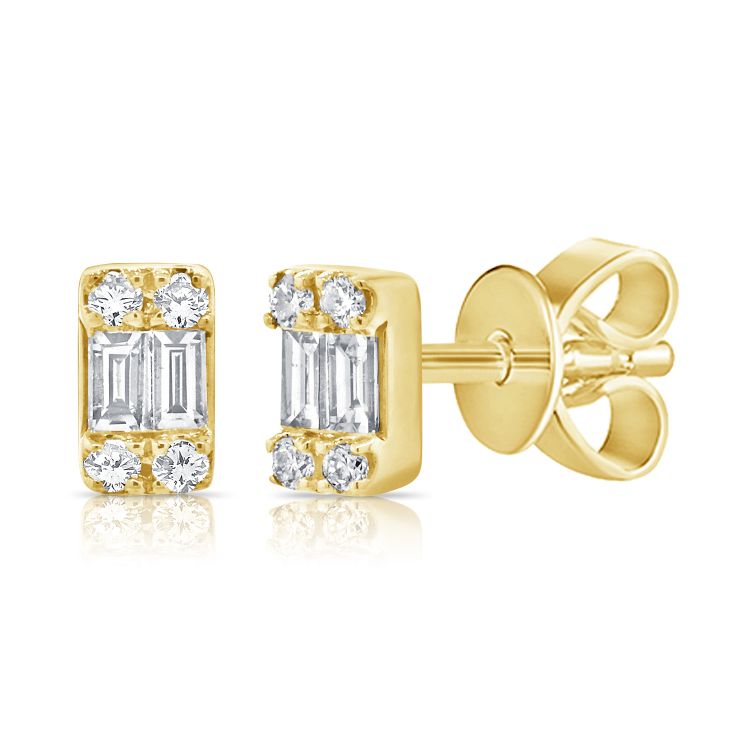 14K Yellow Gold Diamond + Baguette Mini Stud Earrings