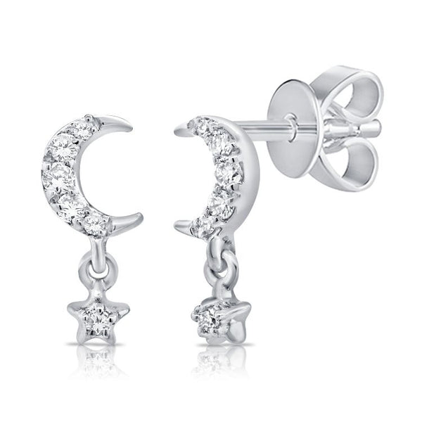14K White Gold Diamond Moon + Star Dangle Earrings-Earrings-Maurice's Jewelers-