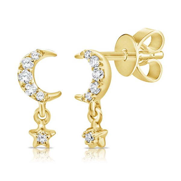 14K Yellow Gold Diamond Star + Moon Dangle Earrings