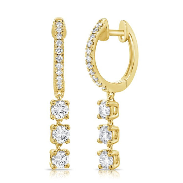 14K Yellow Gold Diamond Triple Dangle Huggie Earrings