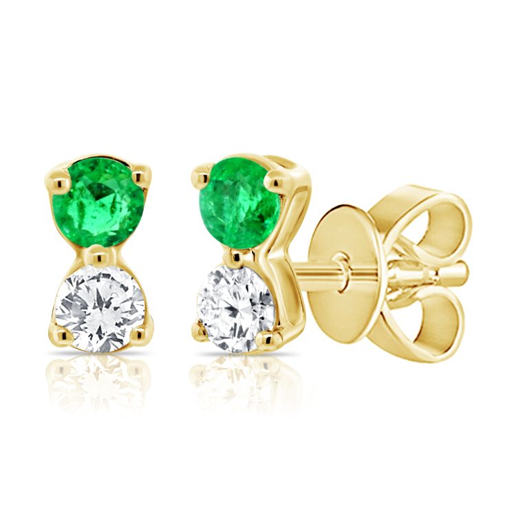 14K Yellow Gold Diamond + Emerald Stud Earrings