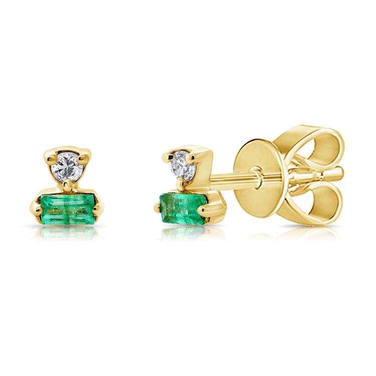 14K Yellow Gold Diamond + Emerald Stud Earrings