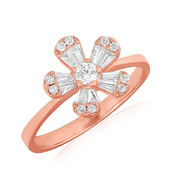 14K Rose Gold Baguette Diamond Small Flower Ring