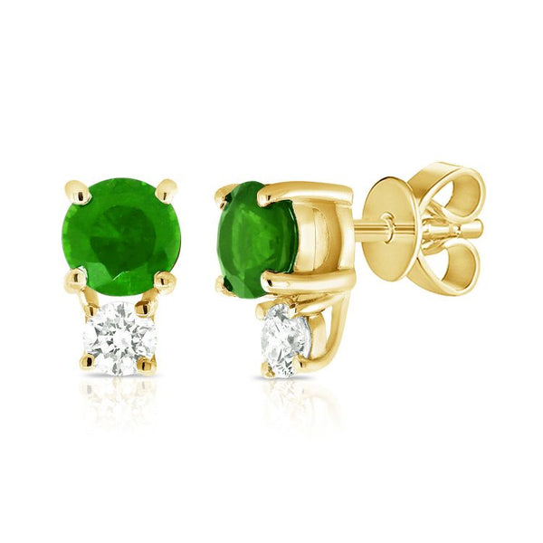 14K Yellow Gold Diamond and Emerald Stud Earrings