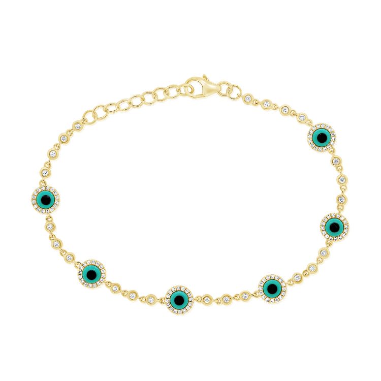 14K Yellow Gold Diamond and Turquoise Evil Eye Bracelet-Bracelets-Maurice's Jewelers -
