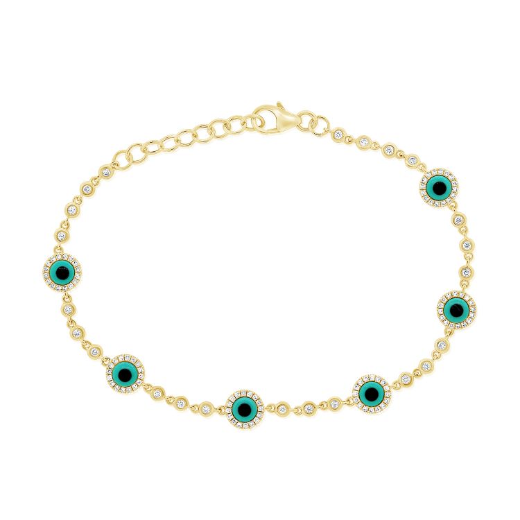 14K Yellow Gold Diamond and Turquoise Evil Eye Bracelet