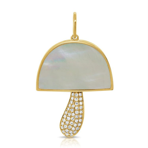 14K Yellow Gold Diamond + Mother of Pearl Mushroom Pendant