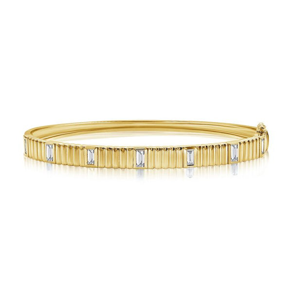 14K Yellow Gold Baguette Diamond Fluted Bangle