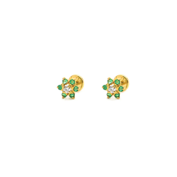 18K Yellow Gold Emerald and CZ Flower Children's Earrings