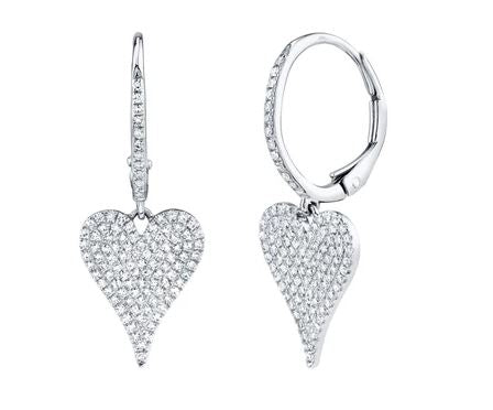 14K Yellow Gold Diamond Pave Heart Dangle Earrings