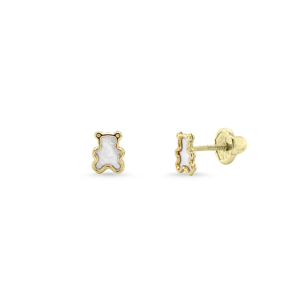 14K Yellow Gold Mother of Pearl Bear Children's Earrings-Earrings-Maurice's Jewelers-