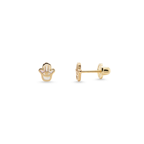 14K Yellow Gold Mother of Pearl Hand of God Children's Earrings-Earrings-Maurice's Jewelers-