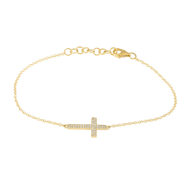 14k Yellow Gold Diamond Pave Sideways Cross Bracelet