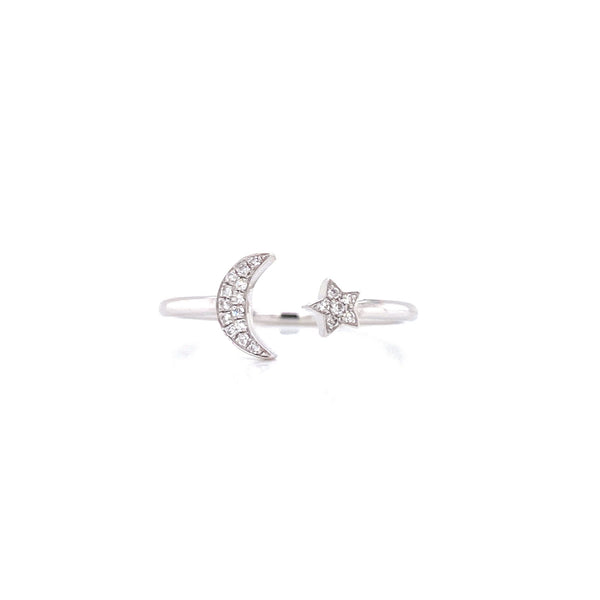 14K White Gold Diamond Open Moon & Star Ring-Rings-majolie-