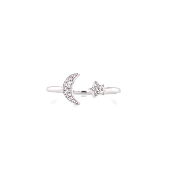 14K White Gold Diamond Open Moon & Star Ring