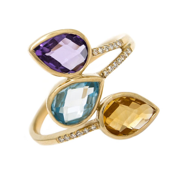 14K Yellow Gold Amethyst, Citrine, Blue Topaz Pear Ring-Rings-lau international-