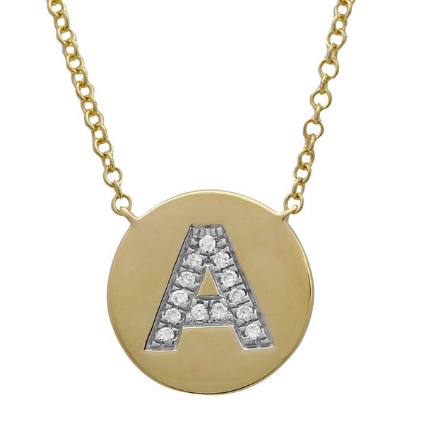 14K Yellow Gold Diamond Initial Disc Necklace