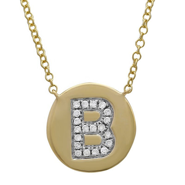 14K Yellow Gold Diamond Initial Disc Necklace-Necklaces-superbell-B-