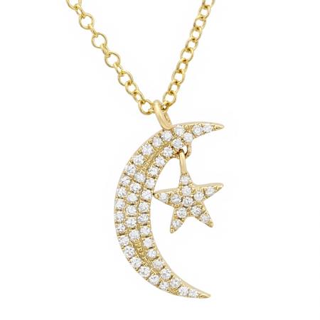 14K Yellow Gold Diamond Moon and Star Necklace-Necklaces-superbell-
