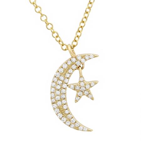 14K Yellow Gold Diamond Moon and Star Necklace