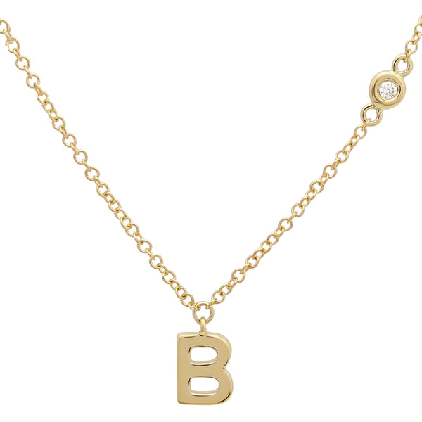14K Yellow Gold Initial + Diamond Bezel Chain-Necklaces-superbell-B-