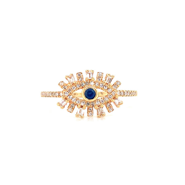 14K Yellow Gold Diamond + Sapphire Evil Eye Ring