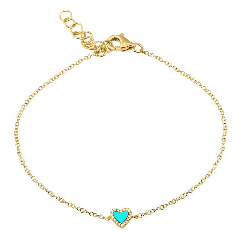 14k Yellow Gold Diamond and Turquoise Small Heart Bracelet