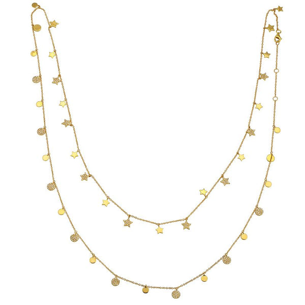 14K Yellow Gold Round Diamond Disc + Star Layering Necklace