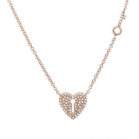 14K Rose Gold Diamond Heart Lock and Key Necklace