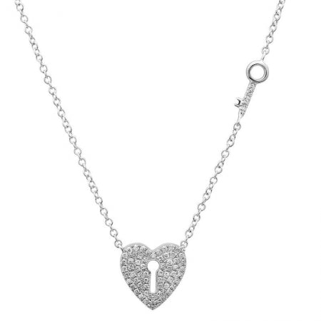 14K Yellow Gold Diamond Heart Lock and Key Necklace