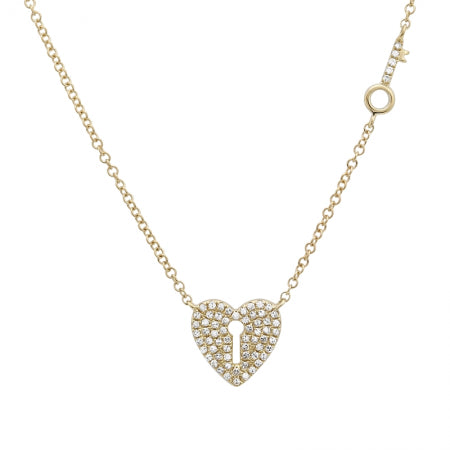 14K Yellow Gold Diamond Heart Lock and Key Necklace