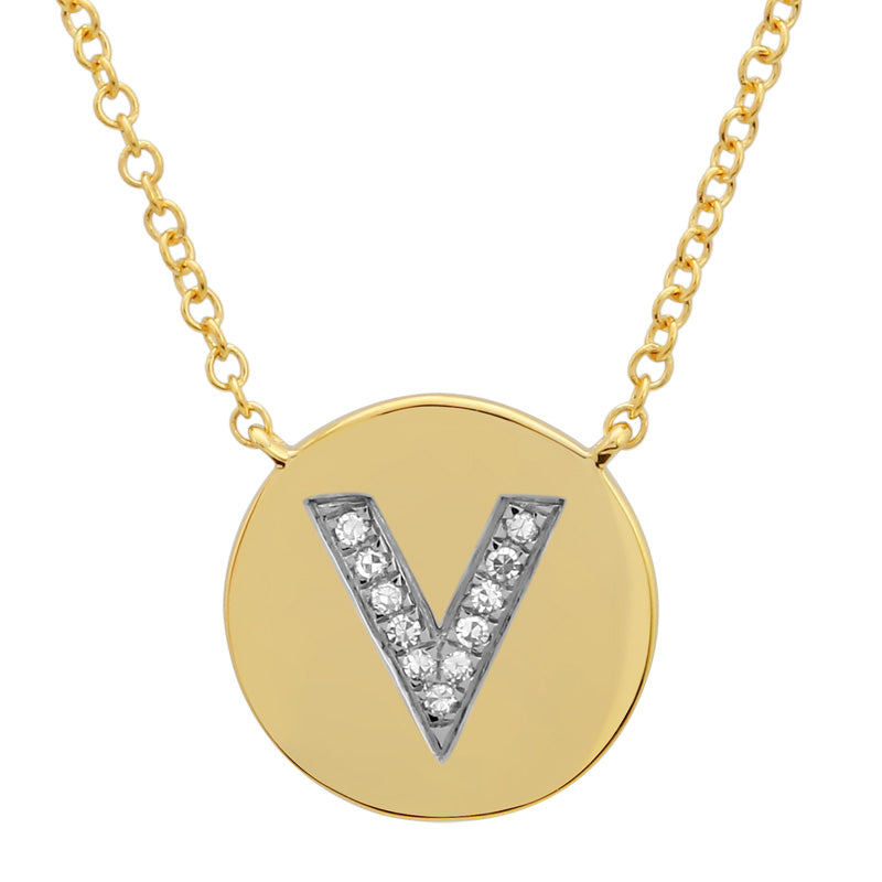 14K Yellow Gold Diamond Initial Disc Necklace