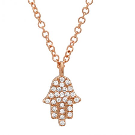 14K Rose Gold Diamond Petite Hand of God- Hamsa Pendant  & Chain