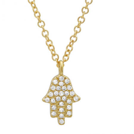 14K Yellow Gold Diamond Petite Hand of God- Hamsa Pendant  & Chain