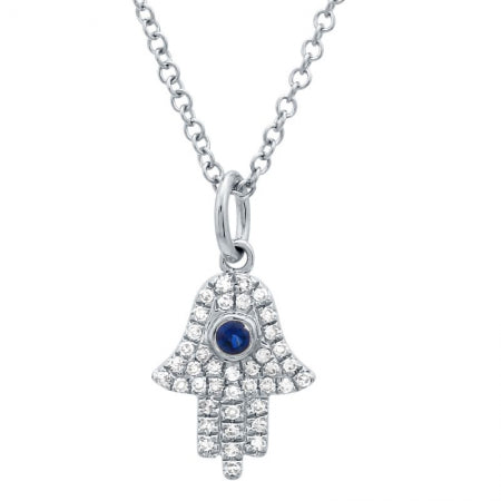14K White Gold Diamond + Sapphire Hamsa Necklace