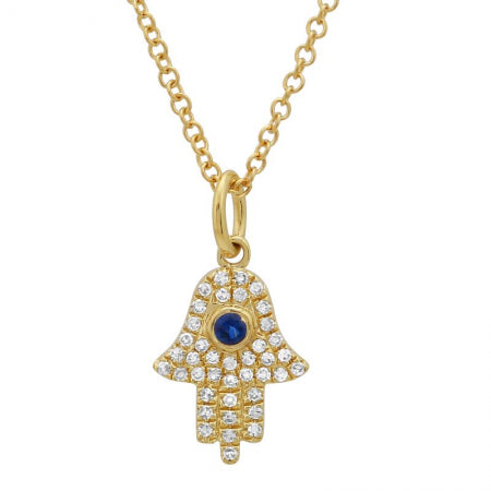 14K Rose Gold Diamond + Sapphire Hamsa/evil eye Necklace-Necklaces-Maurice's Jewelers-Yellow Gold-