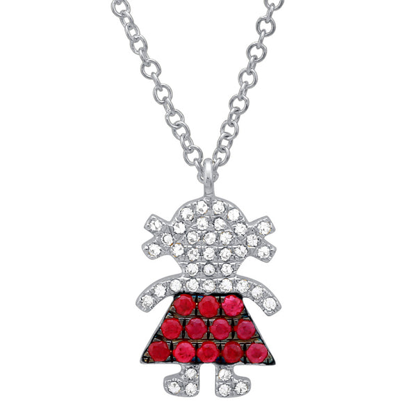 14k White Gold Diamond and Ruby Girl Necklace