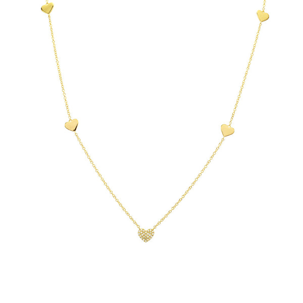 14K Yellow Gold Diamond Pave Heart Station Necklace