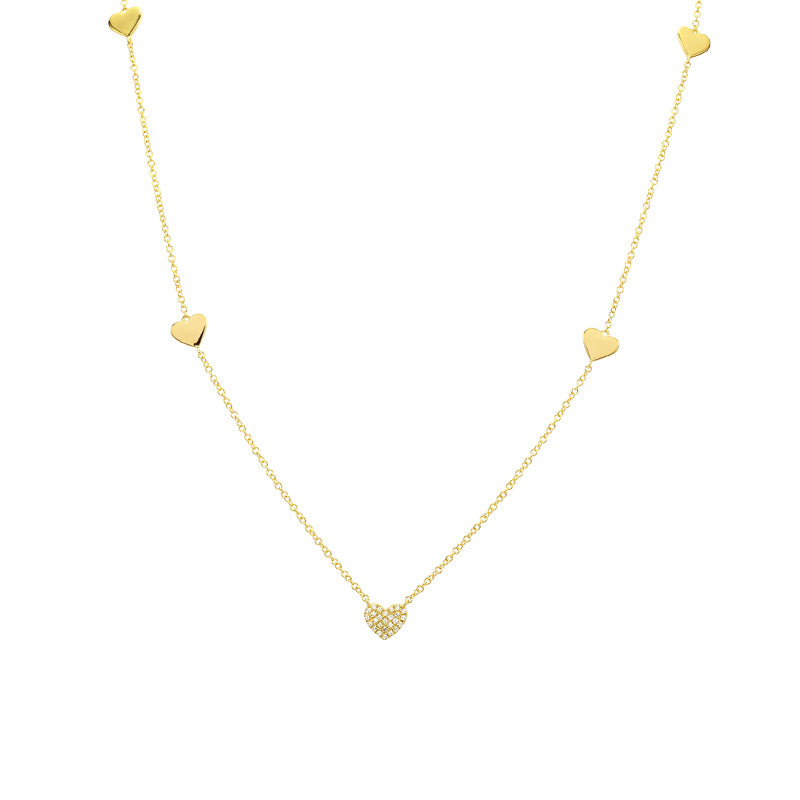 14K Yellow Gold Diamond Pave Heart Station Necklace