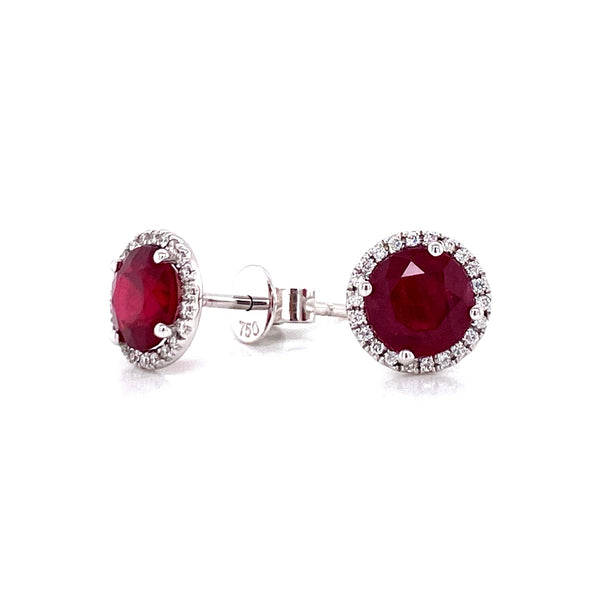 18K White Gold Diamond Halo + Ruby Stud Earrings