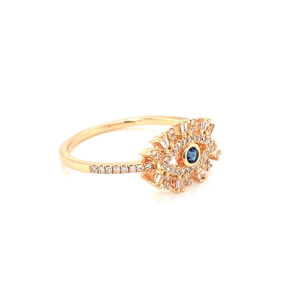 14K Yellow Gold Diamond + Sapphire Evil Eye Ring