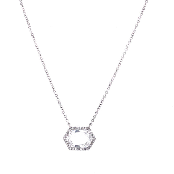 14K White Gold Diamond + White Topaz Hexagon Necklace-Necklaces-majolie-WHITE GOLD-
