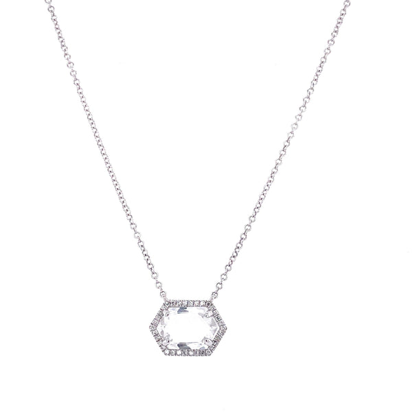 14K White Gold Diamond + White Topaz Hexagon Necklace