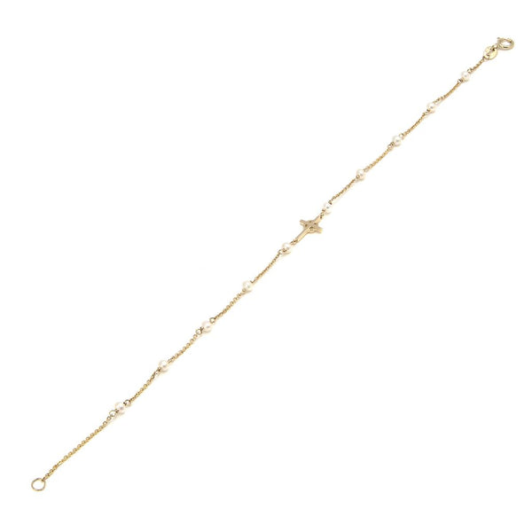 14K Yellow Gold Pearl and Cross Bracelet-Bracelets-Maurice's Jewelers-